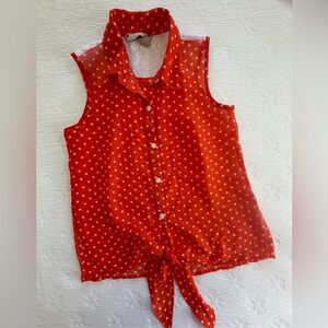 Speechless blouse button down orange white polka dot sleeveless sheer lace sz L